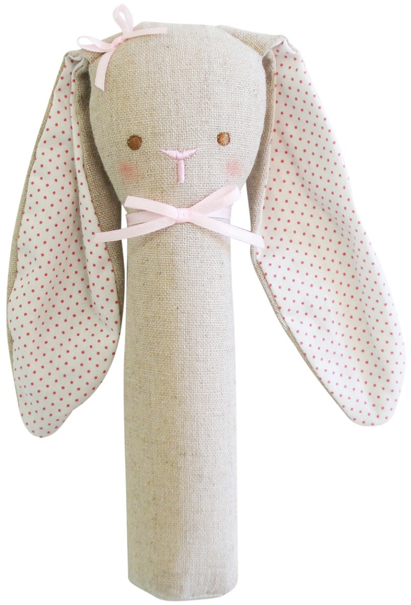 Alimrose Linen Bunny Hand Squeaker & Rattle - Pink Spot