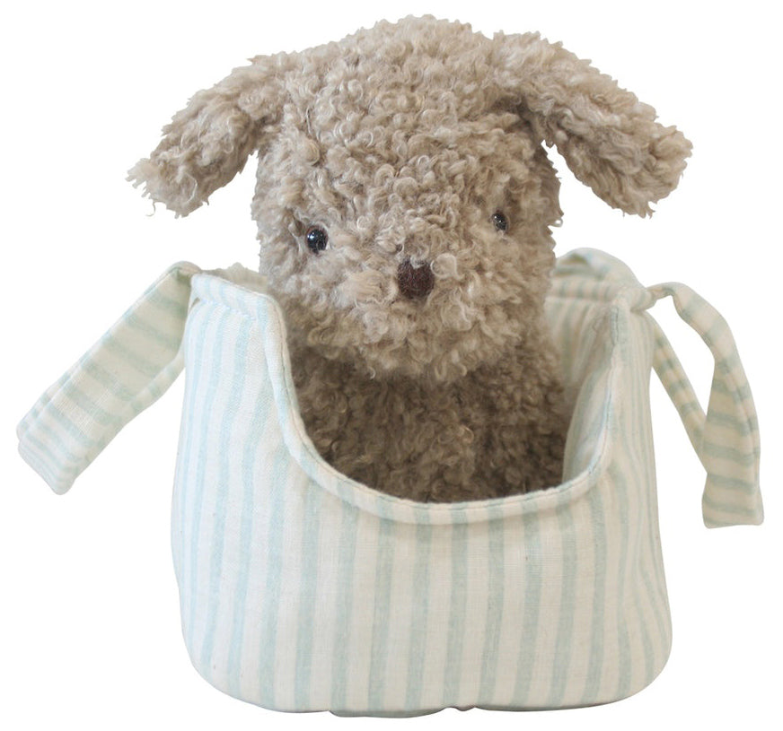 Alimrose Biscuit the Puppy in Carrier - Sage Stripe (22cm)