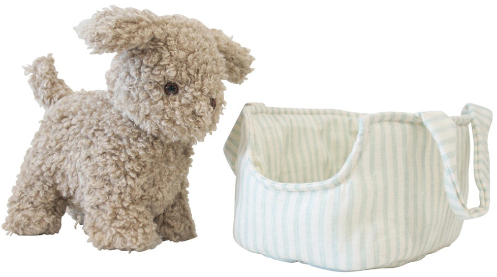 Alimrose Biscuit the Puppy in Carrier - Sage Stripe (22cm)