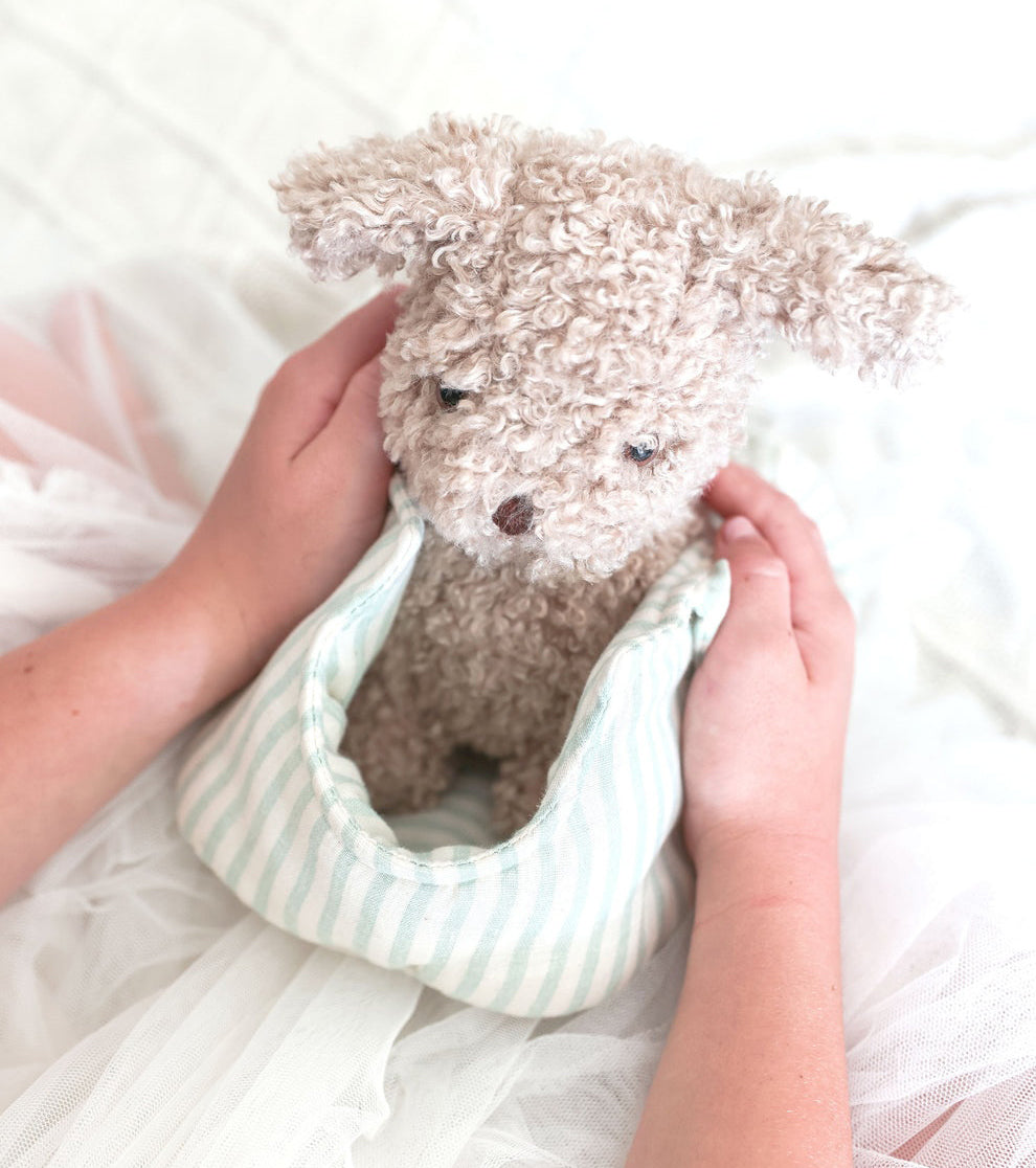 Alimrose Biscuit the Puppy in Carrier - Sage Stripe (22cm)