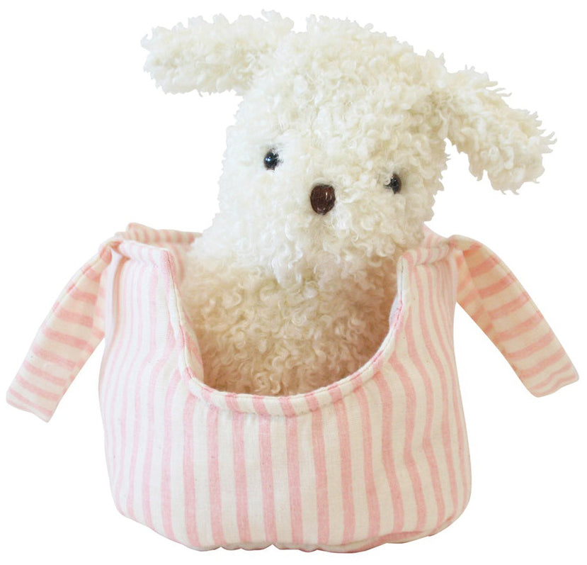Alimrose Marshmallow the Puppy in Carrier - Pink Stripe (22cm)
