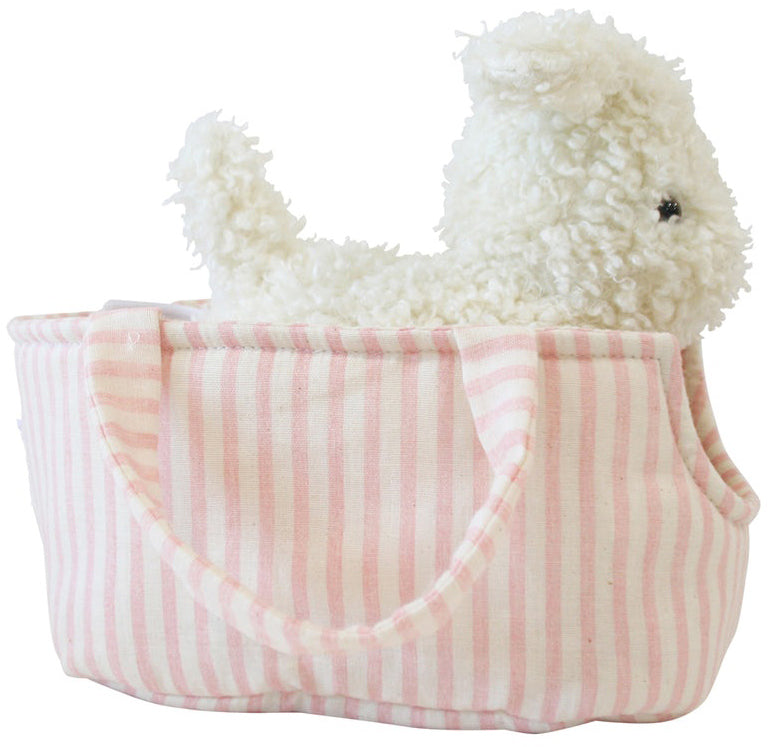 Alimrose Marshmallow the Puppy in Carrier - Pink Stripe (22cm)