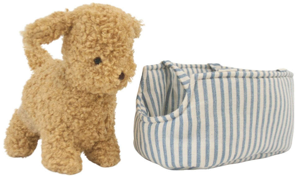 Alimrose Toffee the Puppy in Carrier - Chambray Stripe (22cm)