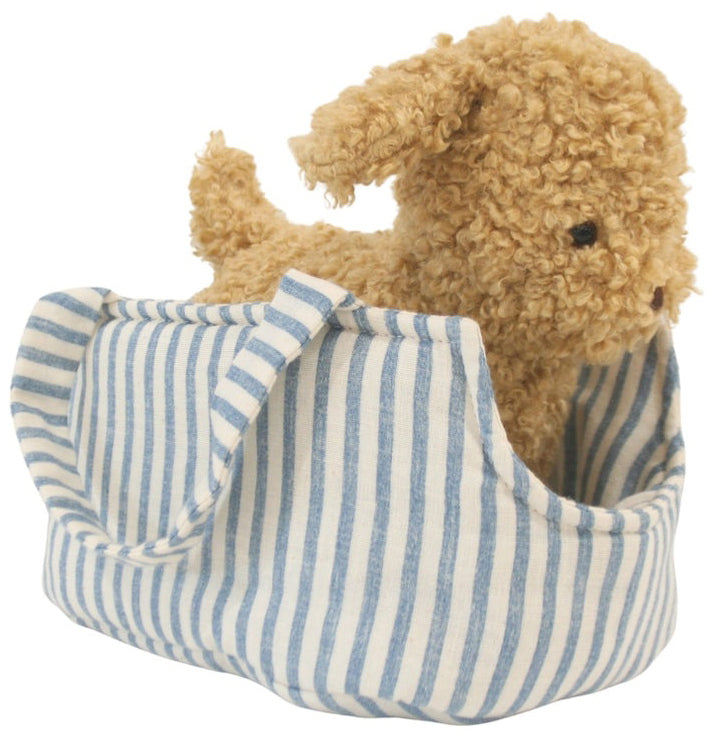 Alimrose Toffee the Puppy in Carrier - Chambray Stripe (22cm)