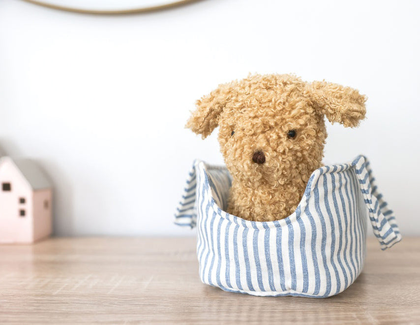 Alimrose Toffee the Puppy in Carrier - Chambray Stripe (22cm)