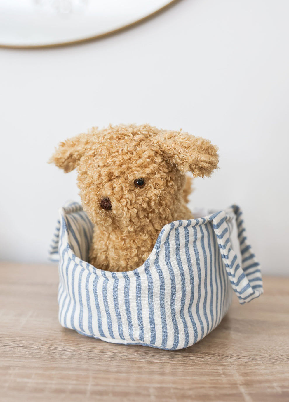 Alimrose Toffee the Puppy in Carrier - Chambray Stripe (22cm)