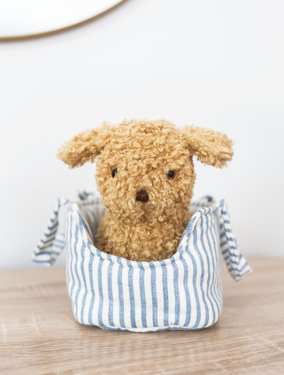 Alimrose Toffee the Puppy in Carrier - Chambray Stripe (22cm)