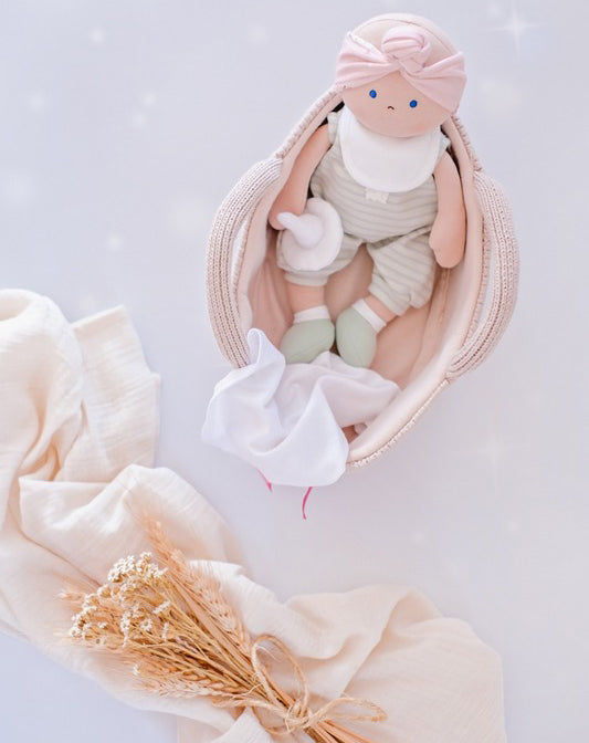 Bonikka Baby Doll in Knitted Carry Cot - Green (25cm)