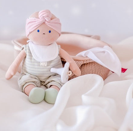 Bonikka Baby Doll in Knitted Carry Cot - Green (25cm)