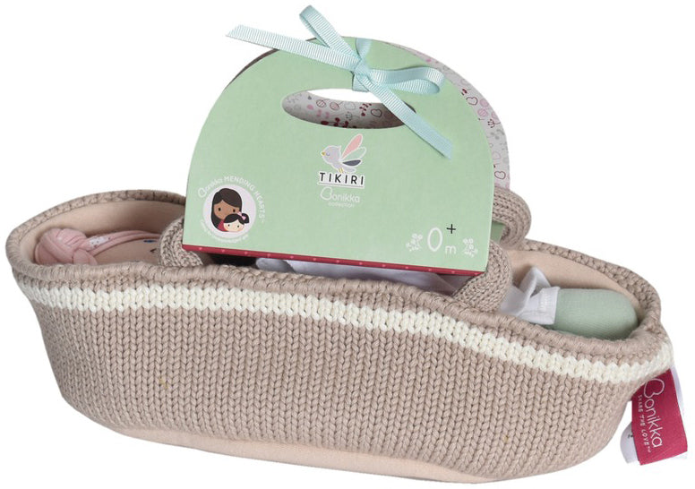 Bonikka Baby Doll in Knitted Carry Cot - Pink (25cm)
