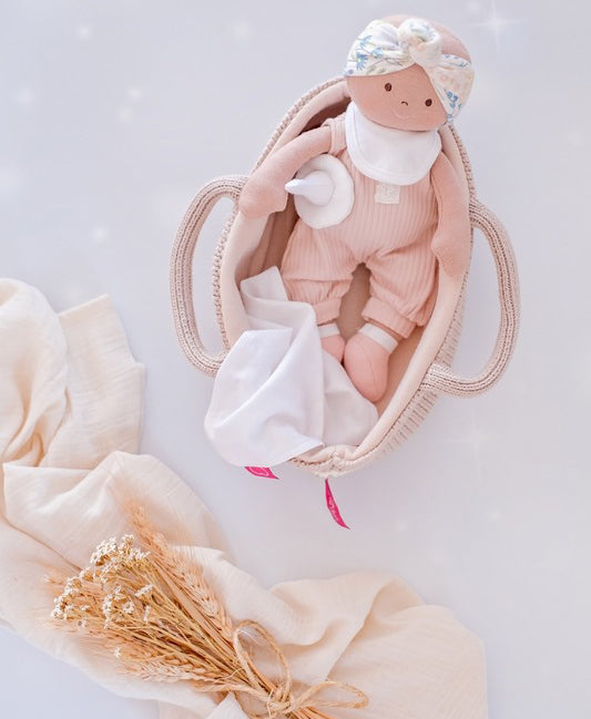Bonikka Baby Doll in Knitted Carry Cot - Pink (25cm)