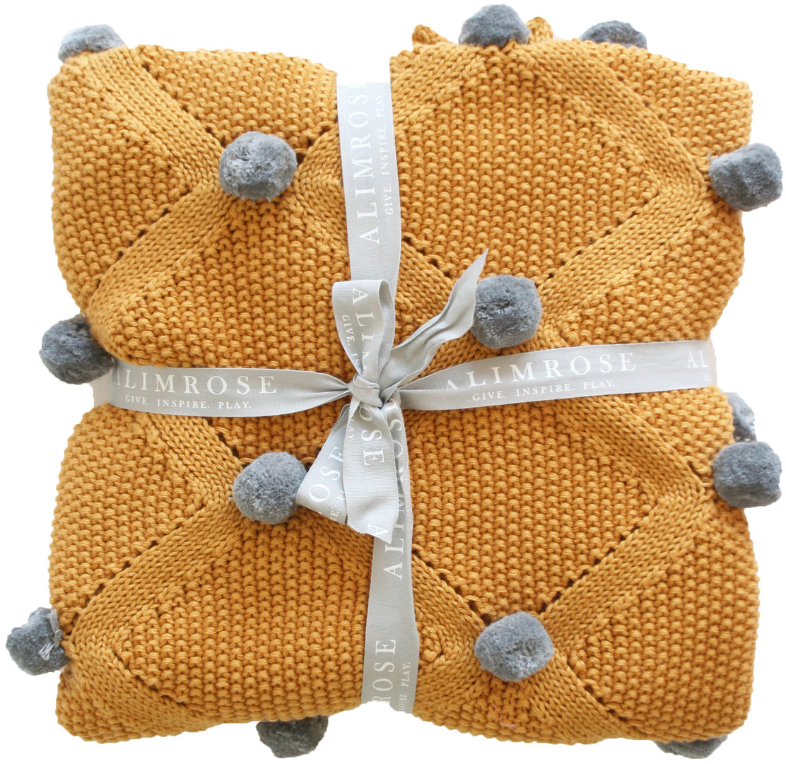 Alimrose Organic Pom Pom Blanket - Butterscotch & Grey