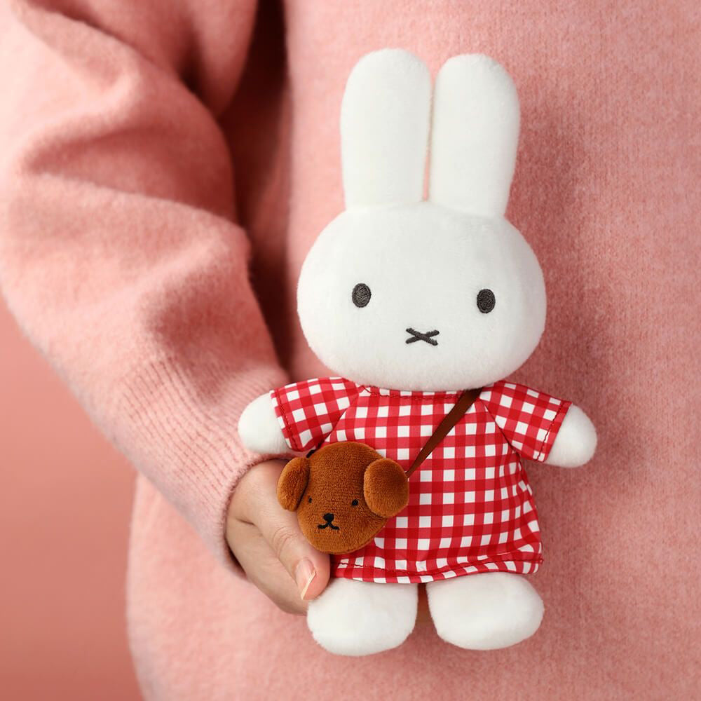 Miffy Plush with Checkered Dress & Snuffy Bag - Red (23cm)