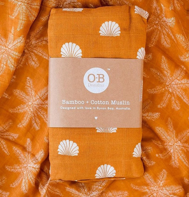 OB Designs Muslin Swaddle Wrap - Ginger Shell Print (120cm)