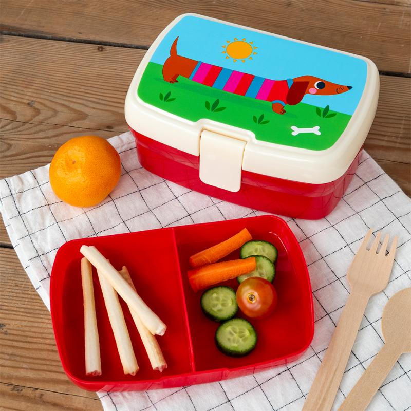 Rex London Sunny Sausage Dog Lunch Box with Tray - Blue